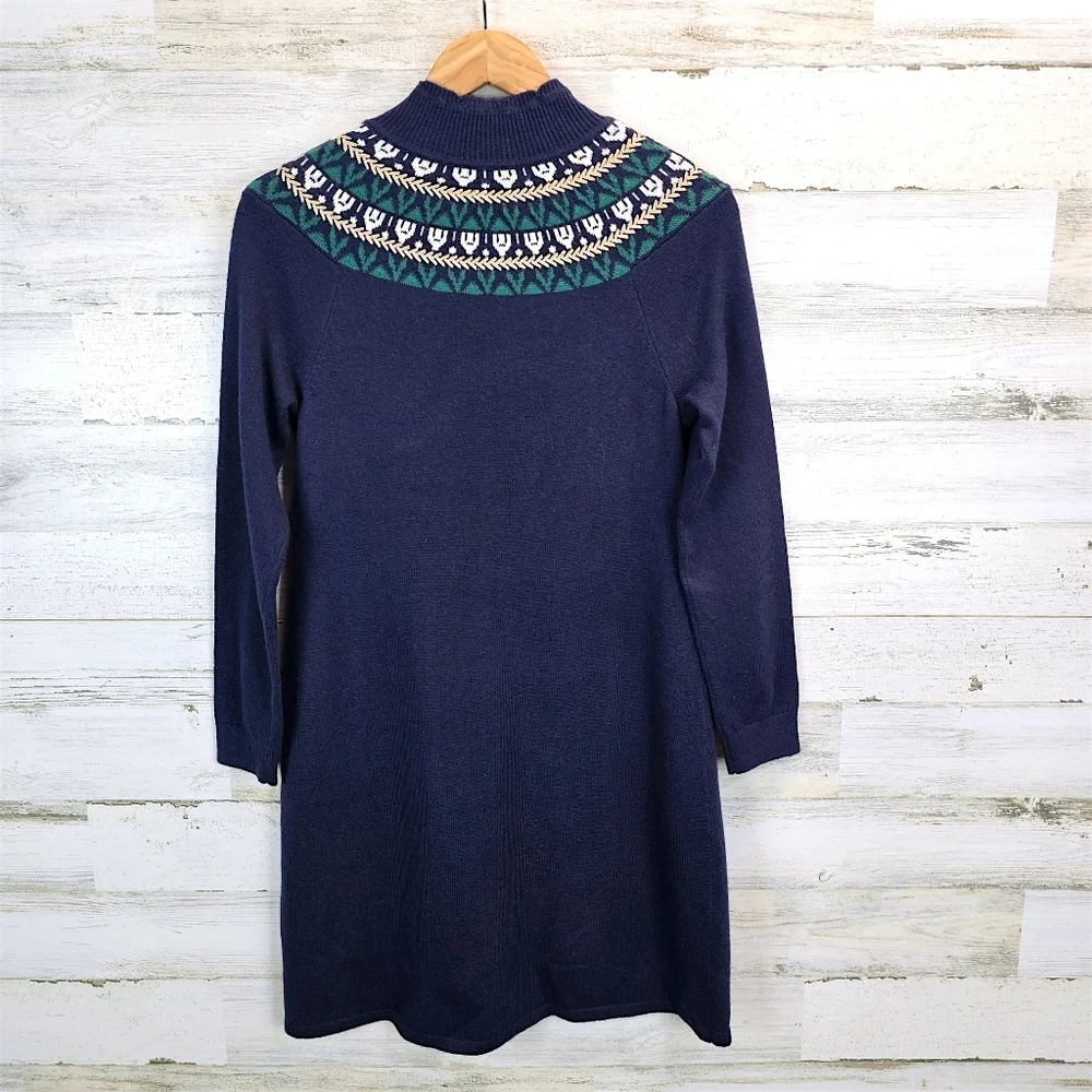 Talbots Petite Fair Isle Sweater Dress Navy Mock Neck Button Detail SP Holiday